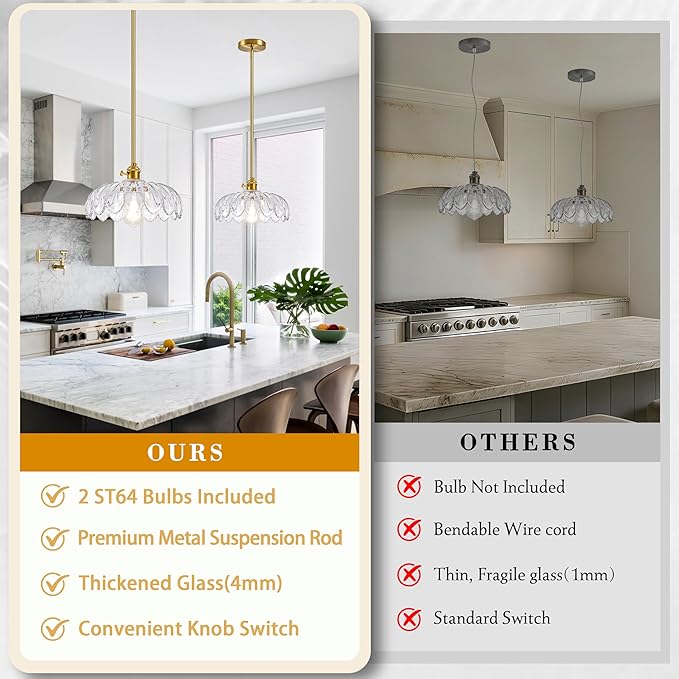 Mid Century Modern Pendant Light 2 Pack Hanging Adjustable Pendant Lights with Brushed Gold Fixture Clear Flower Glass Vintage Chandelier for Kitchen Island Bedroom Dining Room（Bulb Incl.）