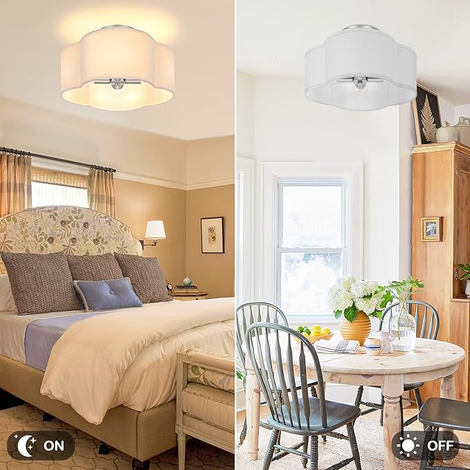 4-Light Semi Flush Mount Ceiling Light Fixture, Silver Modern Close to Ceiling Lamp with White Fabric Shade, Contemporary Bright Lighting for Nursery Kids Baby Room Kitchen Bedroom Hallway Entryway