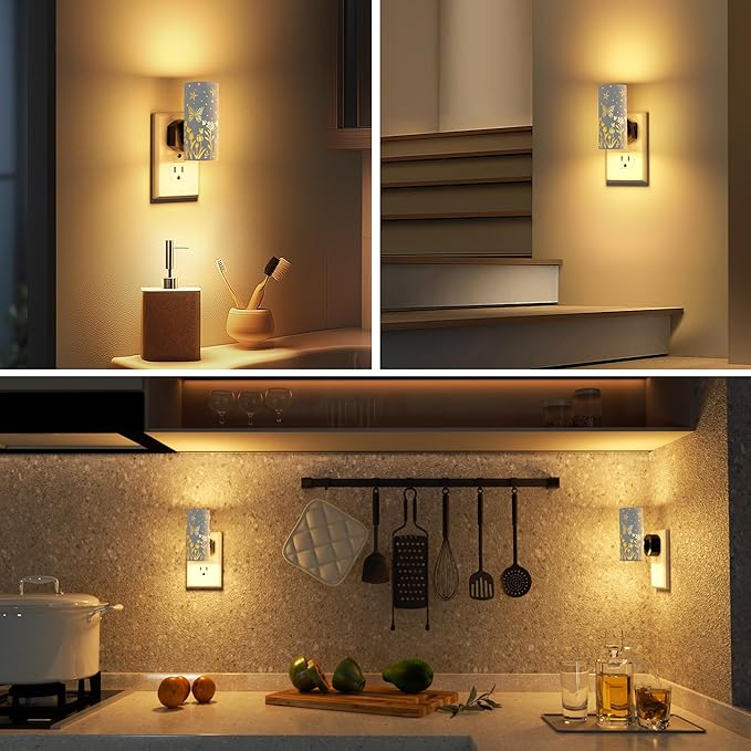 LED Night Lights Plug into Wall, 2-Pack 3000K Bright Plug in Nightlights, Dusk-to-Dawn, Dimmable 0-100LM, Auto-On/Off, Home Decor for Bedroom, Bathroom, Hallway, Kitchen, White Butterfly
