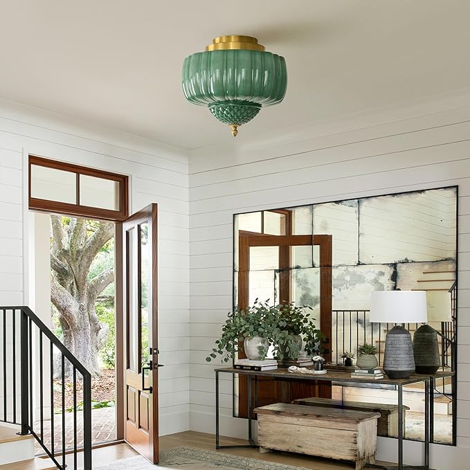 Vintage Ceiling Light Fixture 14 inch Semi Flush Mount Ceiling Light Mid Century Modern Green Glass Ceiling Lamp for Bedroom Kitchen Restaurant Hallway Schoolhouse