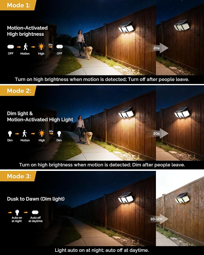 Brightown 2 Pack Solar Outdoor Lights, 2500LM 223 LED Solar Flood Outdoor Lights with Motion Sensor 3 Modes, 3 Head 270° Wide Angle Street Area IP65 Waterproof Security Wall Lights with Remote