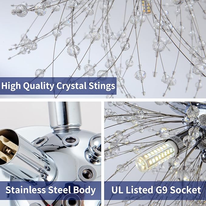 Modern Small Crystal Ceiling Light Fixture, 4-Light Chrome Crystal Sputnik Firework Chandelier, Semi Flush Mount Ceiling Light Fixtures for Bedroom Kitchen Hallway Entryway Bathroom(H9.5'' x W17.7'')