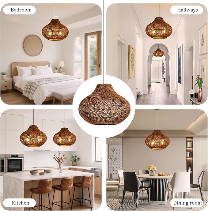 2-Light Dark Brown Rattan Pendant Light,14.96" Round Rustic Hanging Light,Curry Wicker Pendant Light Hand-Woven Rattan Chandelier for Workplace Dining Living Bedroom Kitchen Farmhouse
