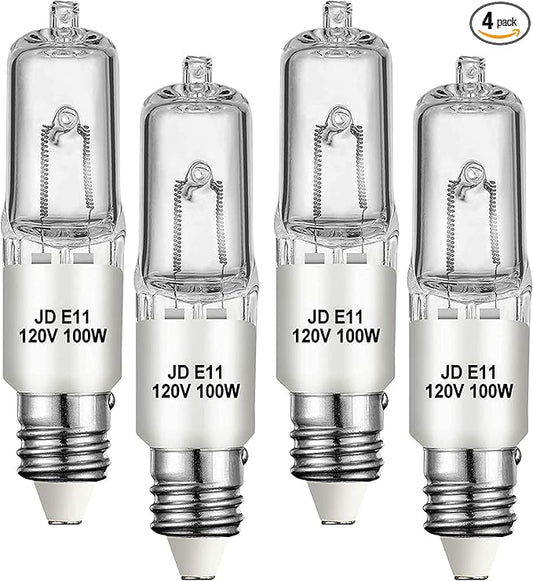 JDE11 120V 100W Halogen Mini Candelabra Bulbs,T4 100W JD E11 Bulb 4 Pack (Replacement E11 LED Bulb) 2700K Warm White Dimmable Halogen Bulb T4 for Ceiling Fan Light,Chandeliers,Table Lamps
