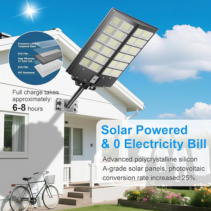 Ultra Bright Solar Street Light –9000W Solar Street Lights Outdoor with 300,000LM, IP66 Waterproof Dusk to Dawn with Remote Commercial & Industrial Floodlight for Parking Lots, Warehouses, Yard