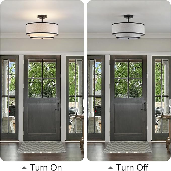Farmhouse Close to Ceiling Light, 3-Light Flush Mount Ceiling Light Fixture with 2-Layer Fabric Shade, Modern Drum Ceiling Lamp for Hallway Bedroom Living Room (Black)