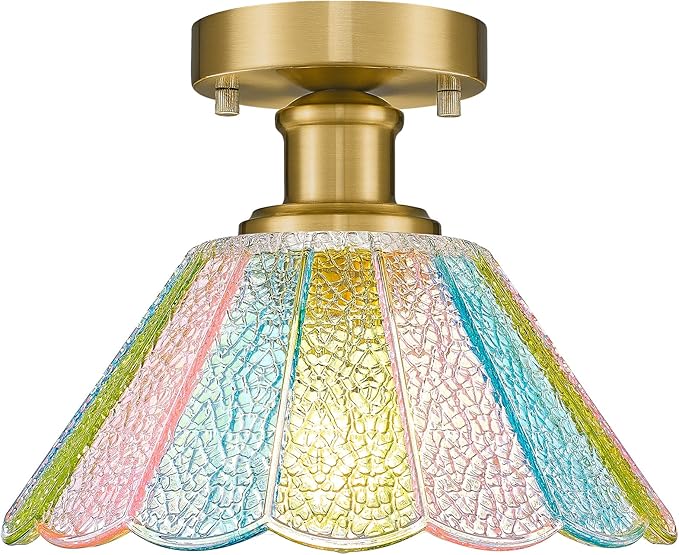 Semi Flush Mount Ceiling Light, HWH Modern Light Fixtures Ceiling Mount with Colored Floral Glass, 10 Inch Kitchen Ceiling Light Fixture for Bedroom Kitchen Foyer, Gold Finish, 5HJX110F BG-C