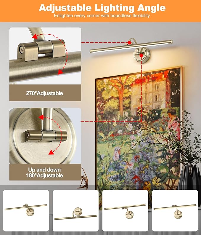 Battery Operated Picture Light, Cordless Art Light with Remote Control, Photo Frame Light with 5000mAh Battery, 3 Color Temperatures & Stepless Dimming for Gallery, Hallway(Antique Bronze, 23.6inch)