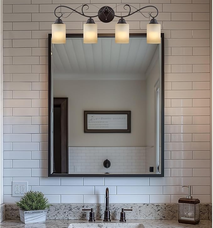 Kira Home Villa 31" Traditional 4-Light Bathroom Vanity Light with Scrollwork Design and Frosted Amber Glass Shades, Oil Rubbed Bronze Finish
