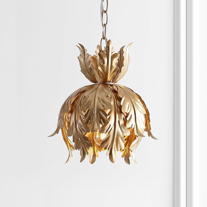 JONATHAN Y 12" Gold 1-Light Iron Pendant Light, Adjustable Height Lotus Leaf Design Hanging Fixture for Bathroom Hallway, Classic French Country, LED Bulb Included JYL9509A