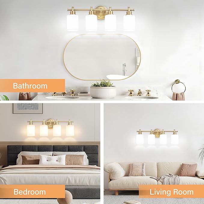 4-Light Bathroom Vanity Light, Brushed Gold Vanity Lights for Bathroom, Modern Brushed Gold Wall Sconce with White Glass Shades, Anti-Rust Light Fixtures over Mirror (Bulbs Not Included, E26 Base)