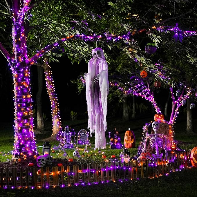 JMEXSUSS 2 Pack 100 LED Orange and Purple Halloween Lights, 33ft Connectable Halloween String Lights Outdoor Waterproof, 8 Modes Christmas Light for Indoor Christmas Tree Party Decorations