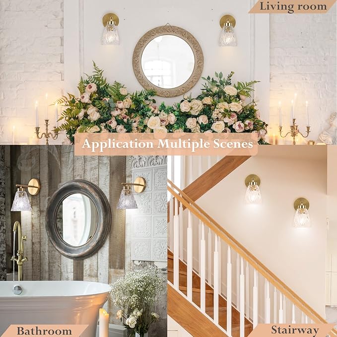 Gold Wall Sconces Set of 2 - Modern Sconces Wall Lighting with Water Rippled Glass Shades, Mid Century Gold Vanity Light Brass Bathroom Light Fixtures Over Mirror for Bedroom Porch Indoor