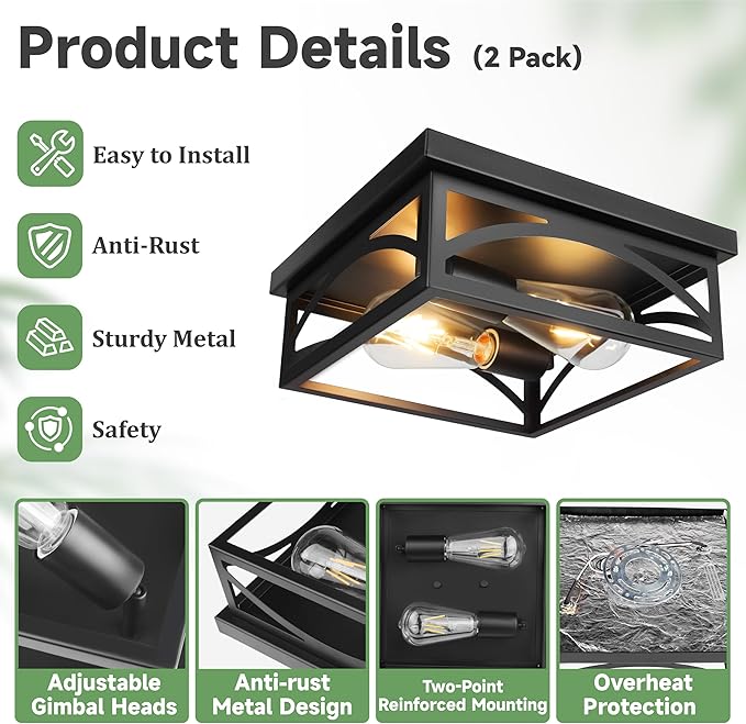 Black Square Flush Mount Ceiling Light Fixtures, 10 Inch Industrial Farmhouse Close to Ceiling Light, Rustproof Outdoor Ceiling Light with Heat Insulation, for Kitchen Hallway Bedroom, 2 Pack, E26