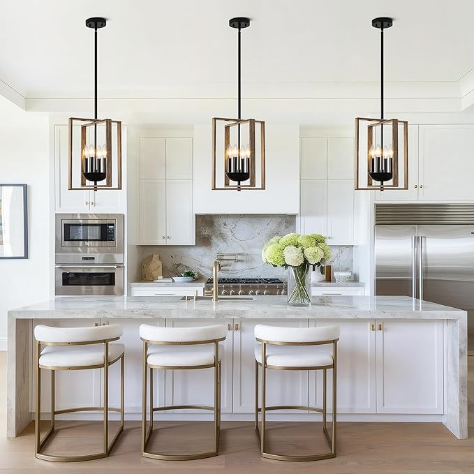 12.2" Farmhouse Chandelier, 4-Light Wood Textured Pendant Lights Kitchen Island, Rustic Hanging Light Fixture for Dining Room Kitchen Sink Foyer Hallway Bar