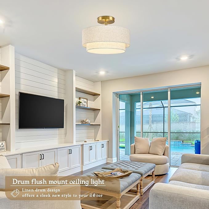 12.6 inch Flush Mount Ceiling Light Gold Close to Lights Fixture with 2-Layer Fabric Shade 3-Light Drum Modern Lights for Dining Room Bedroom Hallway