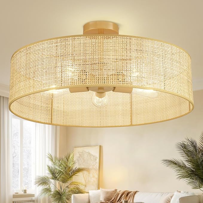Hamilyeah 24 inch Semi Flush Mount Ceiling Light Fixture with Woven Wicker Shade, Natural Boho Rattan Light Fixture Ceiling Mount for Bedroom, Living Room, Dining Room, Kitchen and Hallway