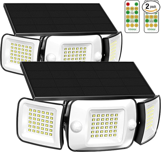 intelamp Solar Flood Lights Outdoor Waterproof, 6000mAh 1200LM Solar Powered Dual Motion Sensor LED Lighting Dusk to Dawn Security Floodlight Exterior with Remote for Outside Garden House Patio