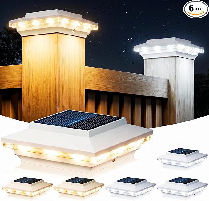 4x4 Solar Post Cap Lights Outdoor, KOOPER 6 Pack Brighter Fence Post Solar Lights with 3X Bigger Solar Panel, 2 Modes Deck Fence Post Lights Solar Powered Waterproof Fits 4x4 3.5x3.5 Vinyl Wooden Post