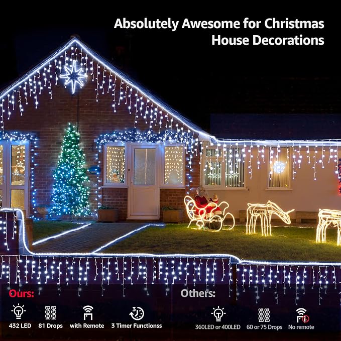 WBao Christmas Lights Outdoor, 432 LED 33FT Icicle Lights with 81 Drops, Remote Control, 3 Timer Settings, 8 Modes, Waterproof, Connectable Fairy Lights for Wedding, Holiday Eaves Decor, Cool White