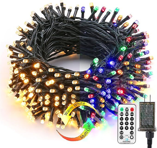 Brizled Christmas Tree Lights, 115ft 300 LED Color Changing Christmas Lights with Remote, 11 Modes Warm White & Multicolor Light String Connectable 24V Xmas Light Green Wire for Xmas Home