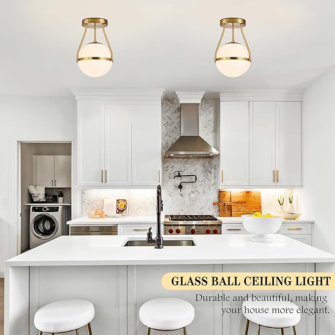 Bagood 8 Inch Mid Century Ceiling Light Modern Semi Flush Mount Ceiling Light Fixture Globe Ceiling Light Fixture with Milk Glass Shade Brass Finish for Kitchen Island Hallway Living Room (Bulb Incl.)