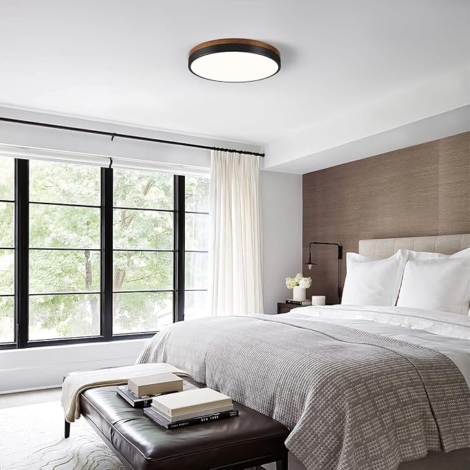 Modern Walnut Wood Black Flush Mount Ceiling Light, 11.81" Round LED Low Profile Close to Ceiling Fixture for Kitchen Bedroom Bathroom Laundry Hallway Entryway Closet Living Room