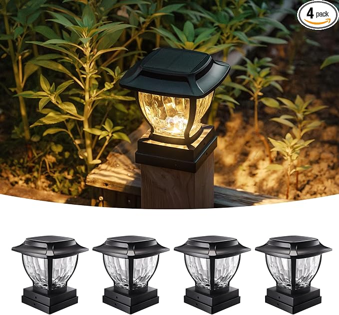 Solar Post Cap Lights Outdoor, Glass Deck Fence Post Cap Light Solar Powered for 4x4 Vinyl/Wooden Posts, Solar Lamp Post Light with 2 Lighting Modes for Patio Garden, Bright Warm White (4 Pack)