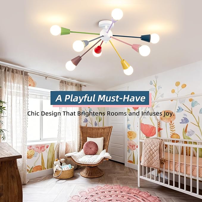33 Inch Colorful Sputnik Chandelier, 8-Light Kids Ceiling Light Fixture, Modern Semi-Flush Mount Lamp for Children's Bedroom,Playroom, Nursery, Dining Room, Kitchen, Entryway