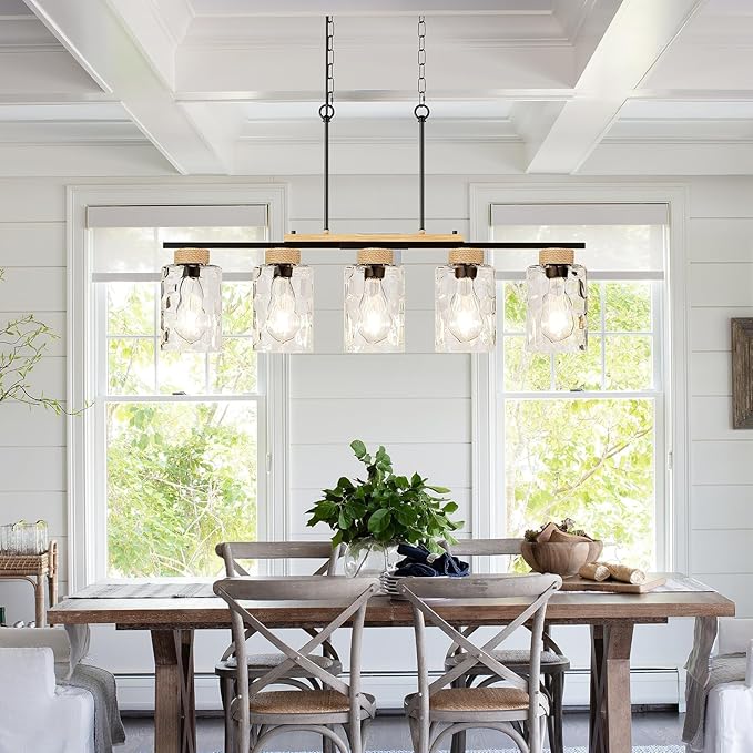 Island Light, Up-Grade Thickened Clear Glass 5-Light Dining Room Light Fixture with Adjustable Height, Farmhouse Linear Chandelier Over Table Kitchen Black Rustic Wood Ceiling Pendant Light Fixtures