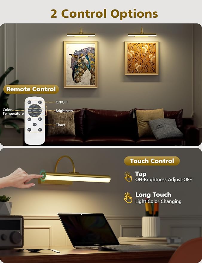 VOLISUN Picture Lights for Wall, 13 inch Rechargable Picture Light Battery Operated, 3 Color Temperatures Cordless Picture Light with Remote, Art Light for Paintings, Gallery, Portrait, 2 Pack (Gold)