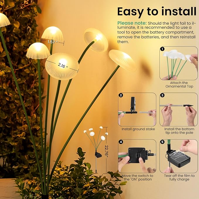 Solar Garden Lights, 6pack Solar Fairy Lights for Outside, Swaying Mushroom Lights Outdoor Decorative, Waterproof Light Decor for Yard,Lawn,Patio,Pathway Decoration(Warm White)