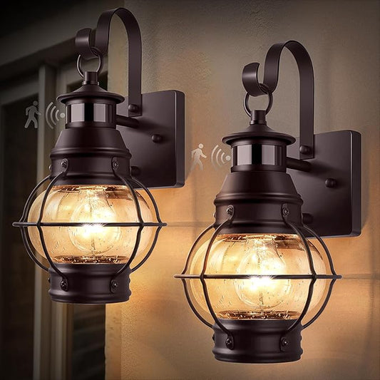 Lamomo 2-Pack Motion Sensor Outdoor Wall Lights – Aluminum Garage Exterior Light Fixtures, Anti-Rust Porch Lantern Set of 2, Waterproof Security Sconces for Entryway & Front Door (Bronze)