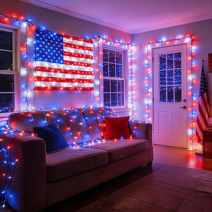 Brizled Color Changing Christmas Lights, 33ft 100 LED RGB Red White Blue Light String with Remote, Dimmable Mini Light String, USB Indoor Decorative Lighting Party Xmas Tree Wreath Year-Round Holiday