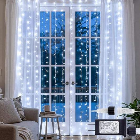 Star 304 LED 9.8ftx9.8ft 30V 8 Modes,Window Curtain String Lights Wedding Party Home Garden Bedroom Outdoor Indoor Wall Decorations(Cool White)