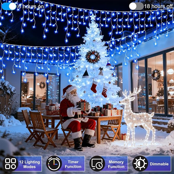 810LED 82FT Christmas Lights, 180Drops 12 Modes Blue Christmas String Lights Outdoor Dimmable, Waterproof Christmas Decoration Fairy Lights with Timer for Eaves Indoor Party Patio Window Fence Blue