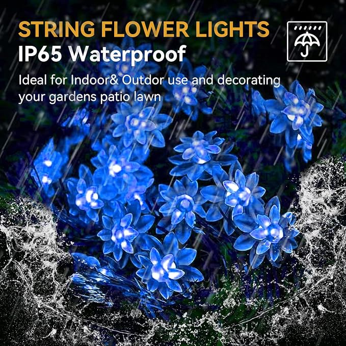 ITICdecor Solar Flower String Lights Outdoor Waterproof 50 LED Upgraded Flower Fairy Light for Garden Fence Patio Yard Christmas Tree Lawn Party (Blue)