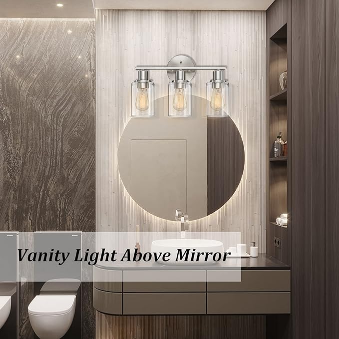 Pia Ricco 3-Light Bathroom Vanity Light Fixtures, Brushed Nickel Vanity Lights with Clear Glass Shades,Modern Wall Lights Over Mirror, Bath Wall Sconces for Mirror Living Room Bedroom Hallway