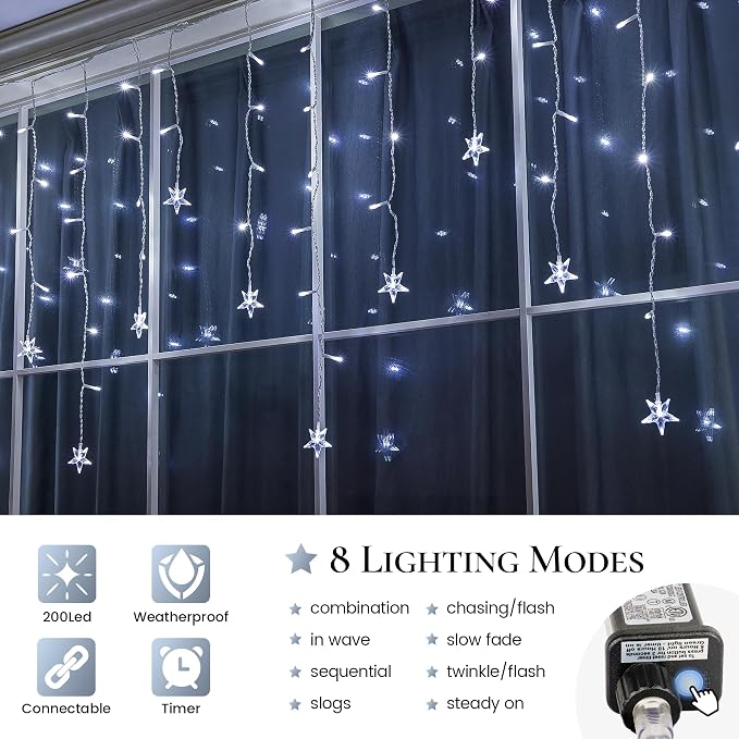 oopswow 16.5FT 200 LED Icicle Lights Outdoor, White Icicle Curtain Light,40 Drops 8 Modes with Timer Star Light,Hanging String Lights for Backdrop,Wedding,Party, Holiday,Xmas Decor,White