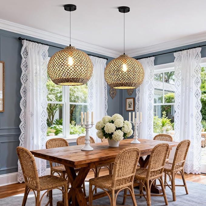 Pendant Light Rattan Fixture,Farmhouse 13.79” Wicker Hand-Woven Boho Hanging Chandelier for Kitchen Island Bedroom Living Room Entry Hallway