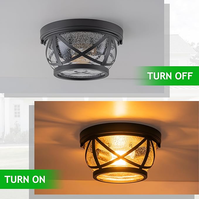 Oil-rubbed Bronze Flush Mount Ceiling Light Fixtures, 2-Light Farmhouse Porch Light Ceiling Mount with Seeded Glass, Industrial Outdoor Indoor Flush Mount Light Fixture for Kitchen Entryway & Foyer