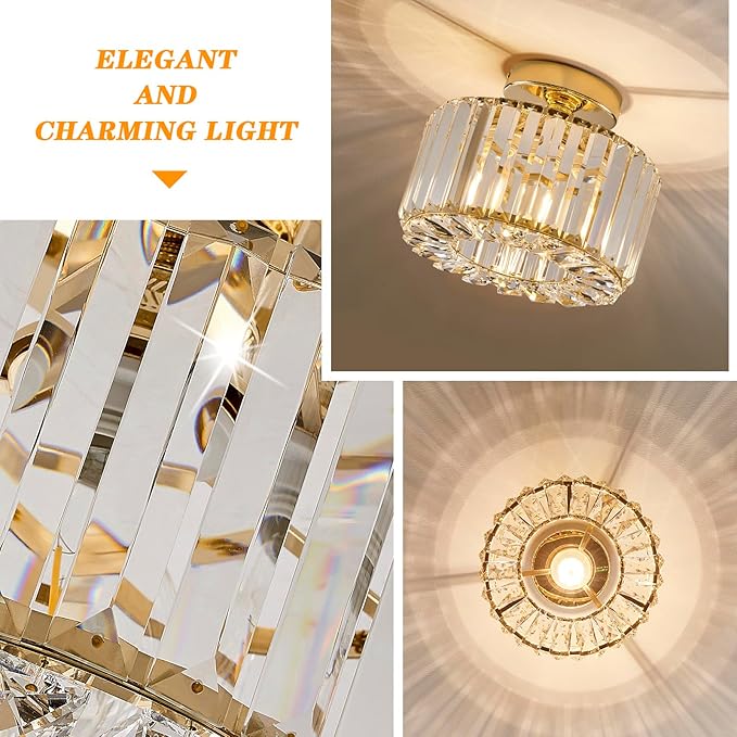 BUXVRCS Crystal Ceiling Light Fixture - Semi Flush Mount Ceiling Light Modern Chandelier Hallway Light Fixtures Ceiling Flush Mount Light Fixtures for Kitchen Bedroom Bathroom Entryway (Gold)