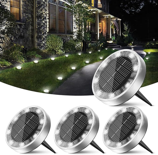 Peasur Mini Solar Ground Lights Outdoor, 4 Pack Flat Solar Powered Disc Lights, IP68 Waterproof, Anti-Rust, Landscape Lighting for Pathway Garden Yard Lawn Walkway Landscape Driveway, Cool White