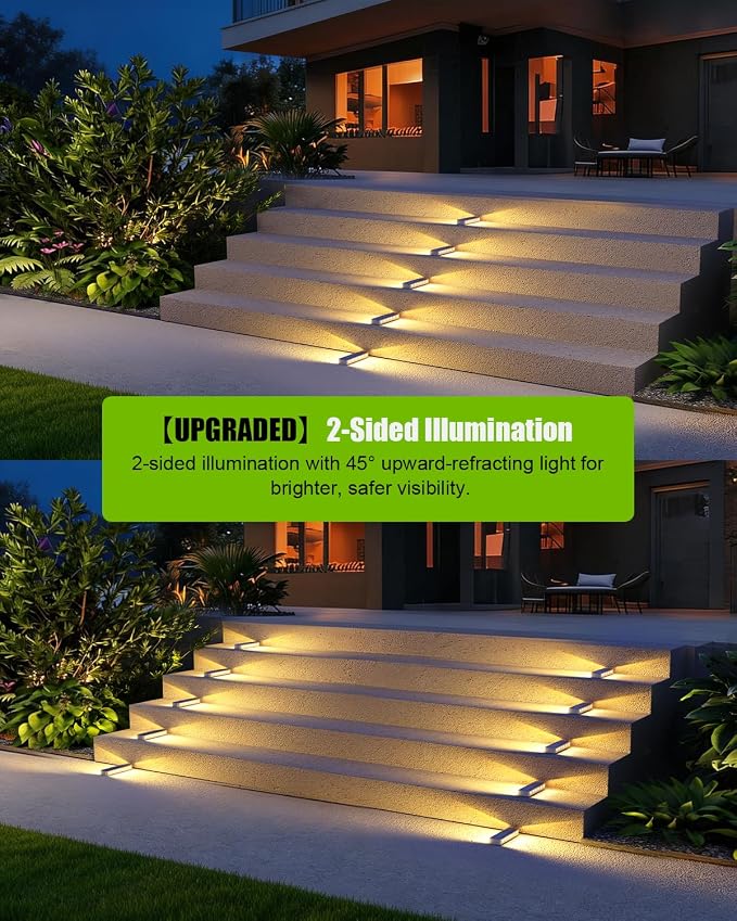 DetarZinLED Solar Step Lights for Outside 4 Pack, 12 LEDs 2-Sided Illumination Solar Stair Lights Outdoor IP68 Waterproof,Auto On/Off Deck Lights Solar Powered for Patio,Yard,Path,Walkway (Warm White)