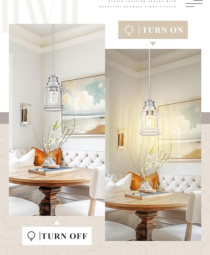 2 Packs Farmhouse Pendant Light Fixtures, HWH 1-Light Hanging Lighting, Kitchen Pendant Lighting Over Island, Brushed Nickel and Bell-Shaped Fluted Clear Glass, 5HZG106MIL-2L BN