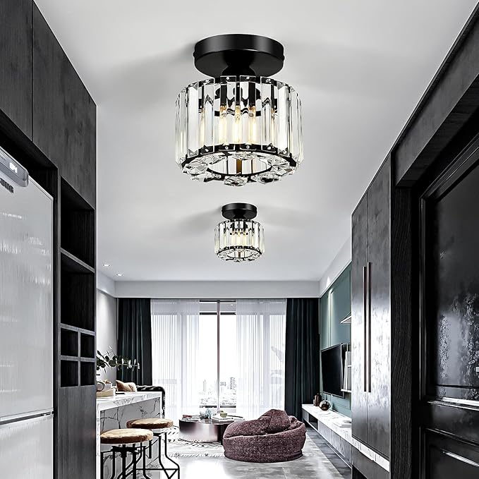 2 Pack Small Crystal Semi Flush Mount Ceiling Light Fixture Modern Black Mini Round Chandelier Metal E26 Ceiling Lamp for Hallway Bathroom Entryway Kitchen Closet