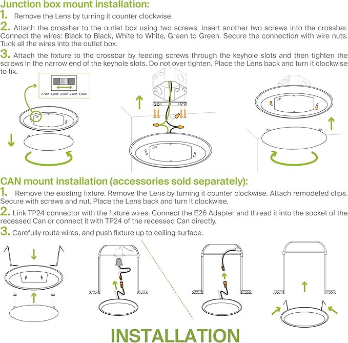 ASD 1 Pack LED Disk Lights 6 Inch, 15W 5CCT 2700K-5000K 1245LM CRI90+, Dimmable Flush Mount Ceiling Light Fixture, Low Profile Surface Mount Disc Lights, Junction Box or Recessed Can Install, ETL