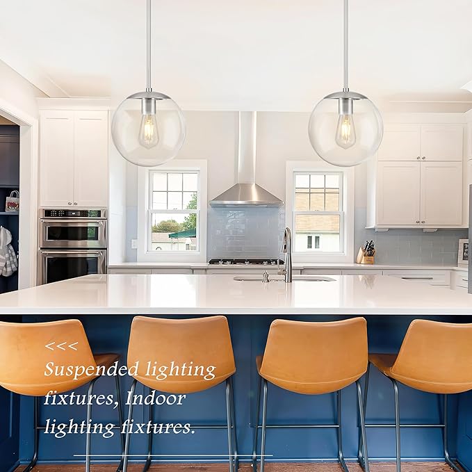Bagood 10 Inch Globe Pendant Light Nickel Globe Pendant Lights Kitchen Island Mid Century Light Fixture with Hight Clear Glass Contemporary Adjustable Hanging Lights for Dining Room (Bulb Included)