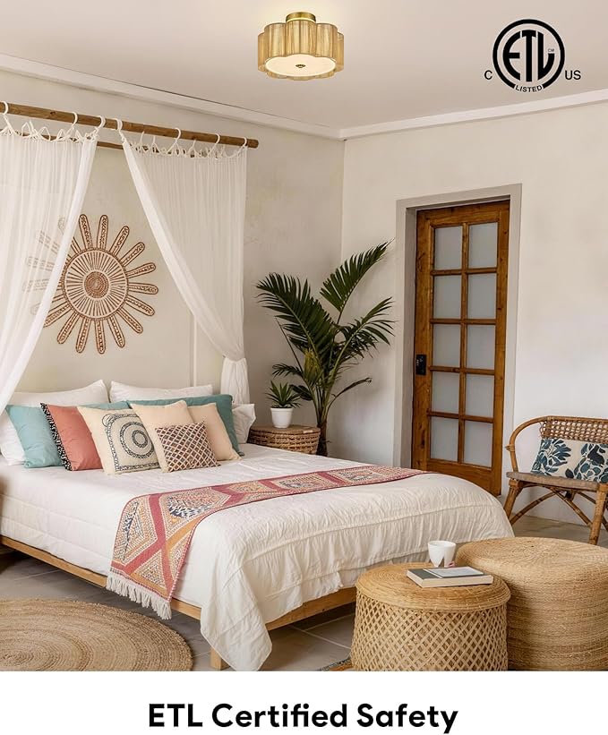 VONLUCE Semi-Flush Mount Boho Ceiling Light, 13.4" 3-Light Rattan Ceiling Light Fixture with 2 Tier Rattan Fabric Petal Shade, Lighting for Bedroom Dining Living Room, Gold Finish, ETL Certificated