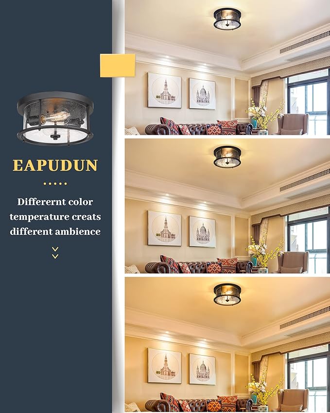 EAPUDUN Flush Mount Ceiling Light Fixtures, 12inch 2-Light Farmhouse Close to Ceiling Light Fixture with Seeded Glass Shade, Matte Black Finish for Porch, Entryway, Bedroom, Foyer,FMA1413-MBK